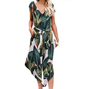 Tropical Print Tie Jumpsuit